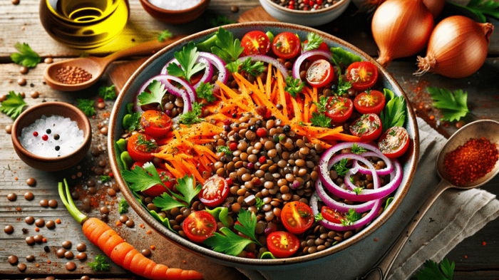 Теплый салат из чечевицы с овощами: рецепт полезного и бюджетного блюда